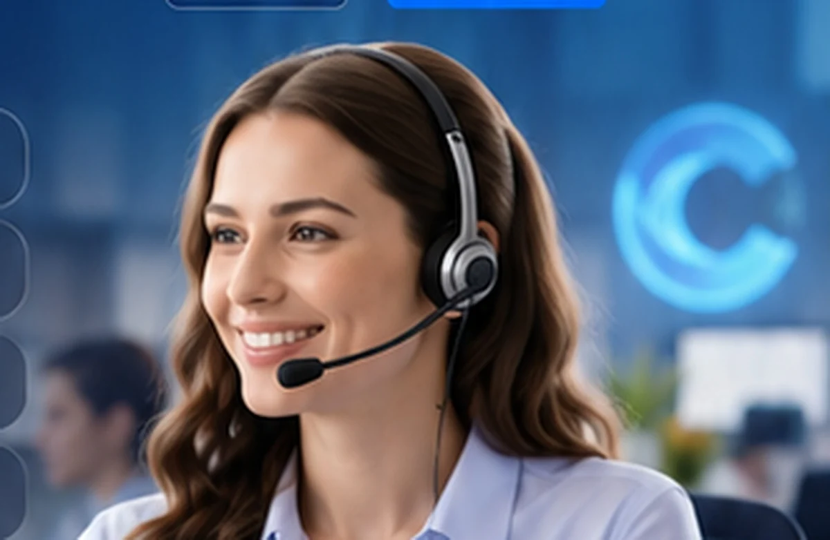 NordicCall telefonpasning med dansk sekretær Dansk NordicCall-sekretær med headset hjælper en kunde i telefonen